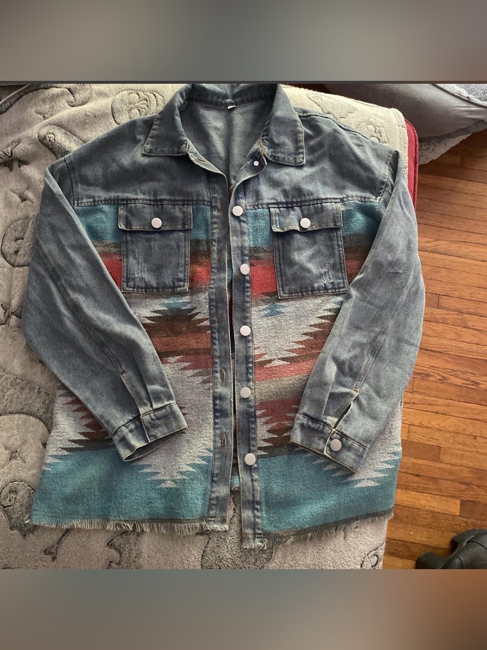 Denim Jacket with Aztec Blanket Panels - Teal & Rust